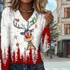 Santa Claus Deer Print Women Tshirts Ladies Tops Long Sleeve V-neck Pullover Femme T-shirts T Shirt For Women
