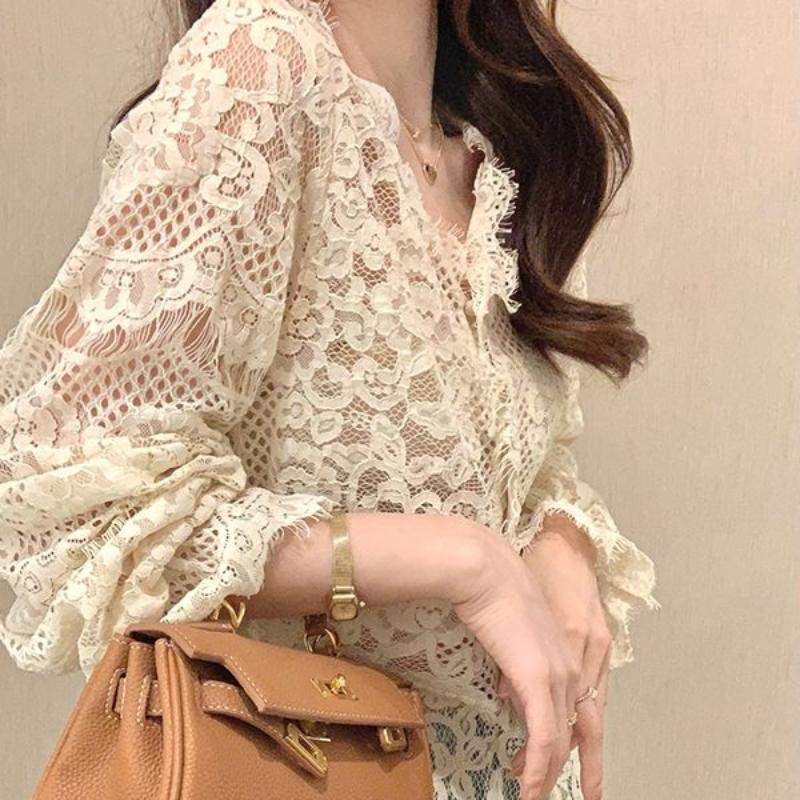 Французский кружевной топ, женская короткая тонкая кружевная рубашка с v-образным вырезом