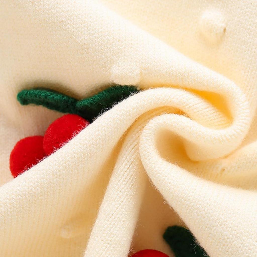 Girls' Knitted Cherry Dress – Long Sleeve Warm Sweater Dress with Ruffled Collar