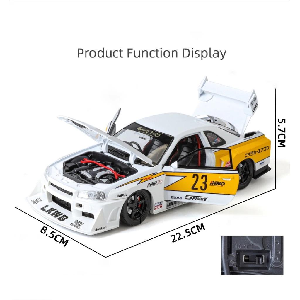 1/24 Nissan Skyline Ares GTR R34 Modified Wide Body Alloy Sports Car Model Diecast Raing Vehicle Car Model Sound Light Kids Gift