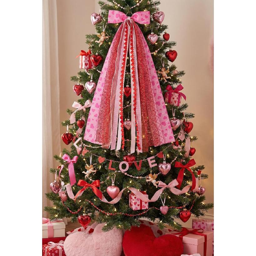 Valentine's Day Wreath Sash for Door, Large Bow Decoration with Metal Clip, 9 Ribbon Swag for Wreath, Front Entry, Fireplace, Fence - Pink Red Love