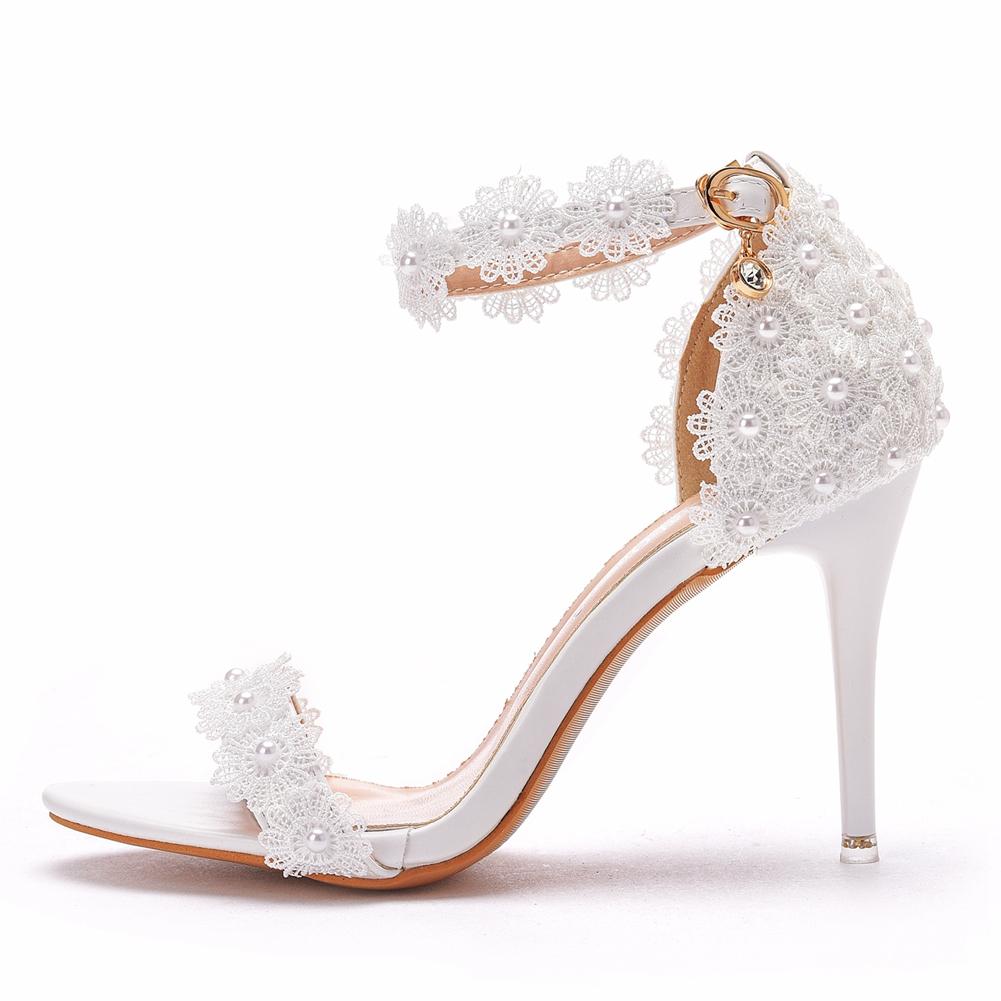 Crystal Queen Women Pearl Lace Wedding Shoes Thin High Heels White Bridal Sandals Summer Strap Ankle Sexy Party Dress