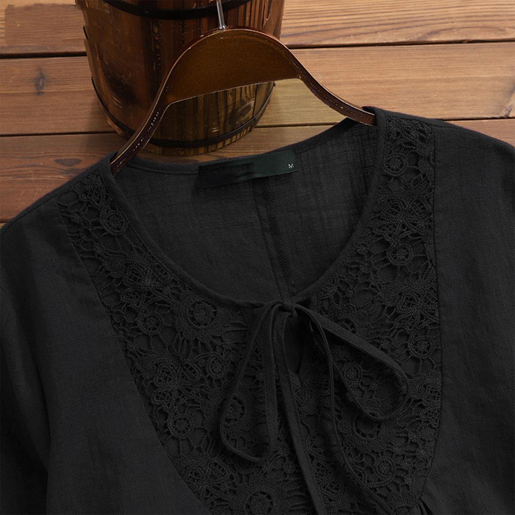 Women's Fashion Casual Loose Pleated Lace Hollow O-Neck Blouse Top