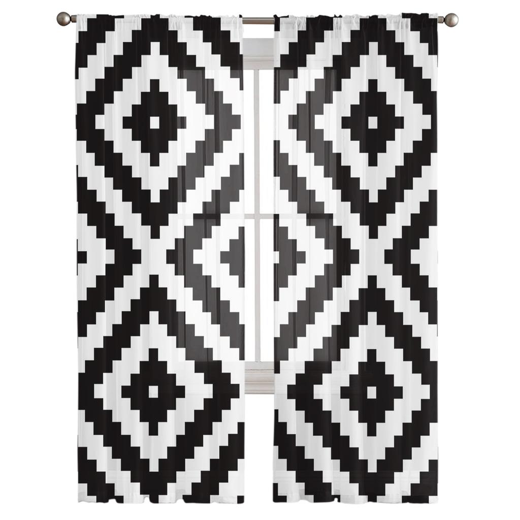 Черно-белые тюлевые шторы с неправильной геометрией для гостиной, спальни, декор, шифоновая прозрачная вуаль, кухонная оконная занавеска