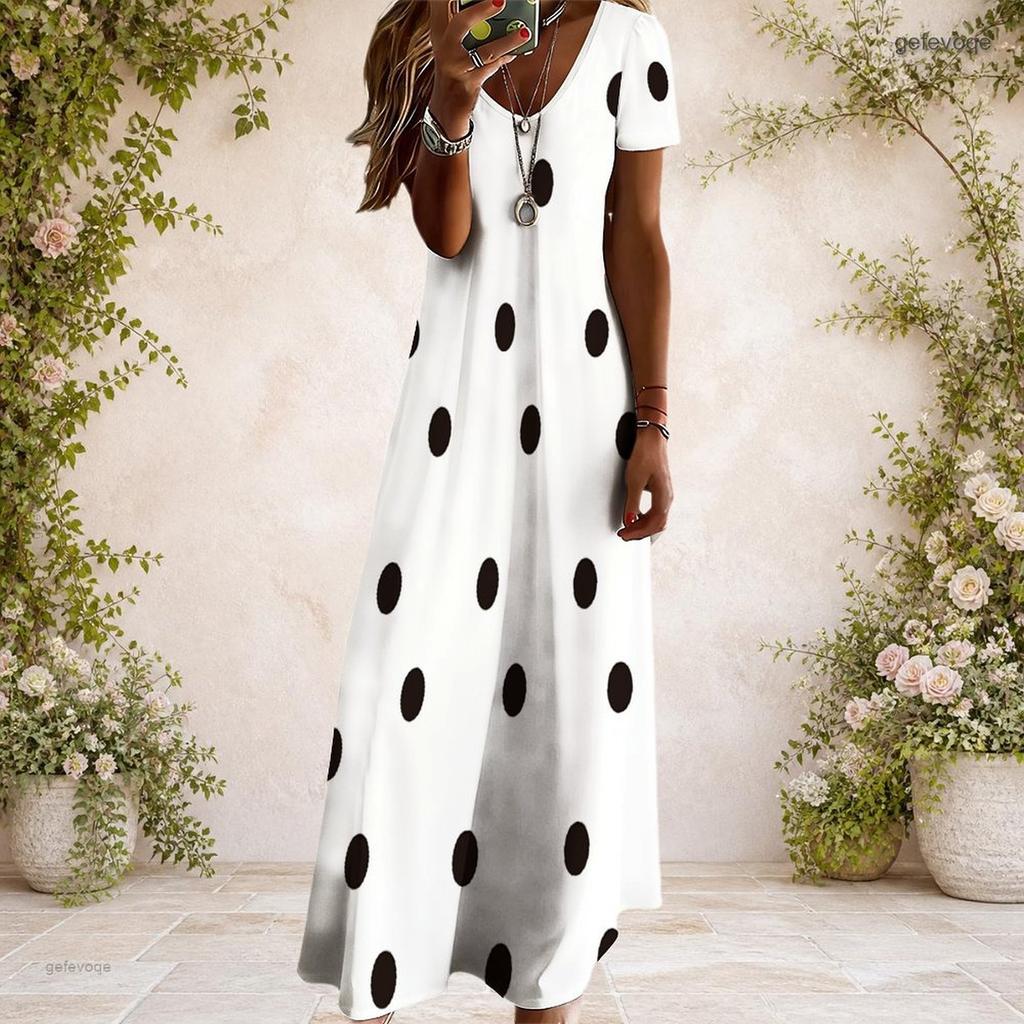 Women Plus Size V Neck Short Sleeve Polka Dot Printed White Black Straight Maxi Dress