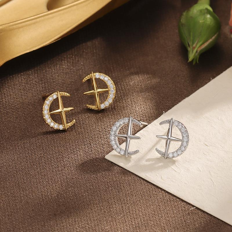 925 Sterling Silver Inlaid Zircon Star Moon Earrings for Women Small Exquisite Silver Jewelry