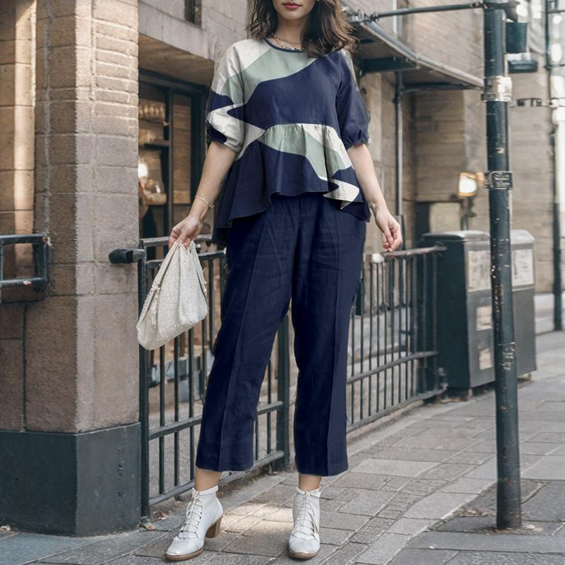 ZANZEA Женский винтажный круглый вырез с коротким рукавом и принтом, топ и брюки