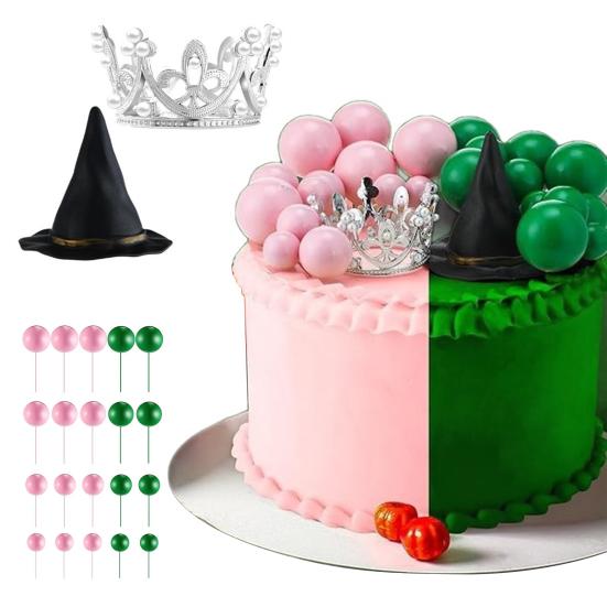 42 Pcs Witch Cake Topper Party Decoration Mini Pink Green Balloons Cupcake Topper Silver Crown Black Witch Hat Set for Witch Theme Birthday Party