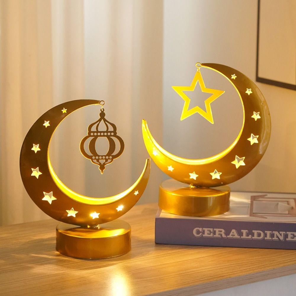 Metal Art Design Ramadan Desk Lamp Wrought Iron Hollow Eid Mubarak Lamp Party Decorations