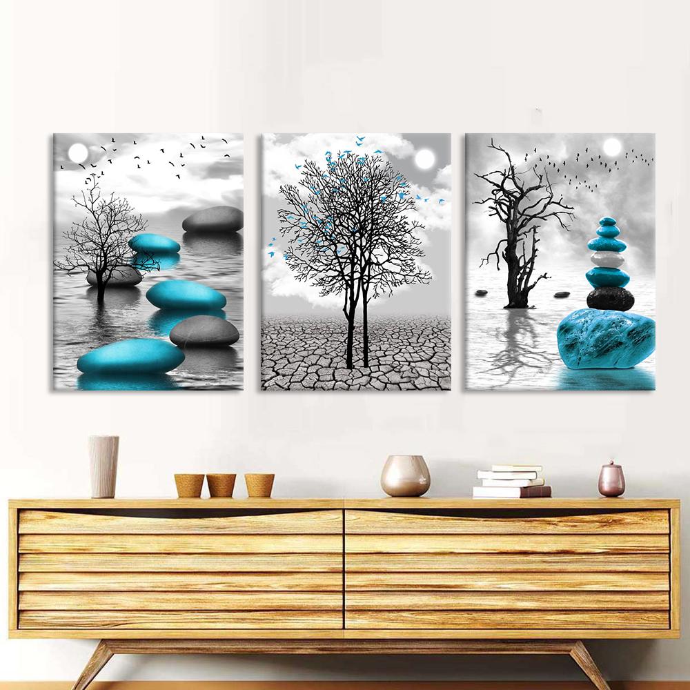 Modern Black and White Landscape Canvas Painting Blue Zen Stone Posters and Prints, Tree Art for Living Room Decoration Unframed