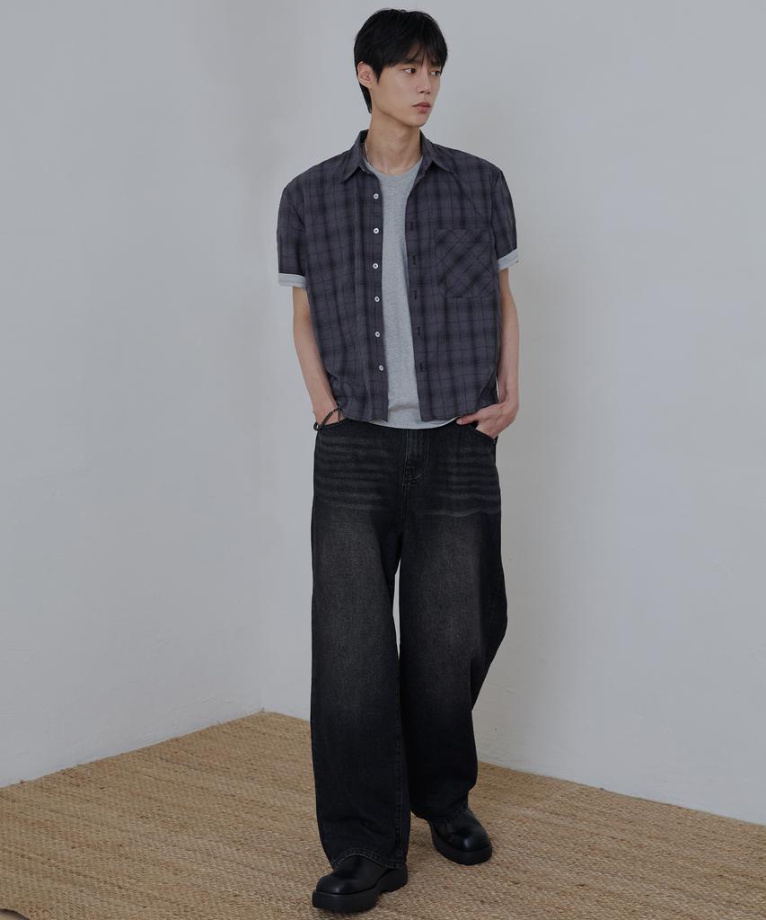 NODU Seersucker Check Crop Half Shirt [Charcoal]