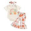 3Pcs Baby Girl Spring Outfits, Short Sleeve Rainbow Romper + Floral Flare Pants + Headband Set