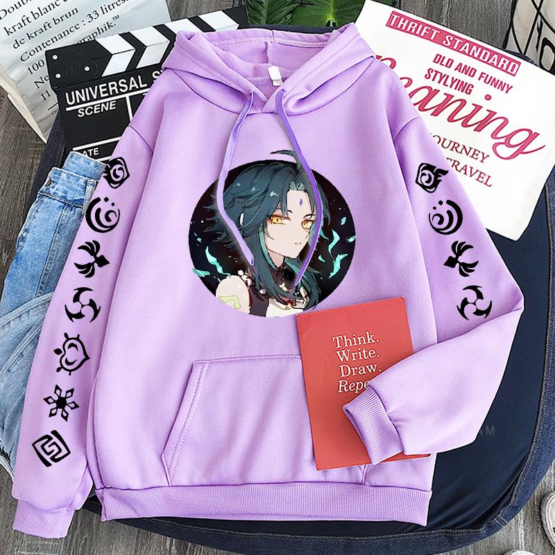Harajuku Aesthetic Xiao Genshin Impact Game Anime Hoodies Long Sleeve Oversize Men Women Patchwork Winter Streetwear Sweatwear