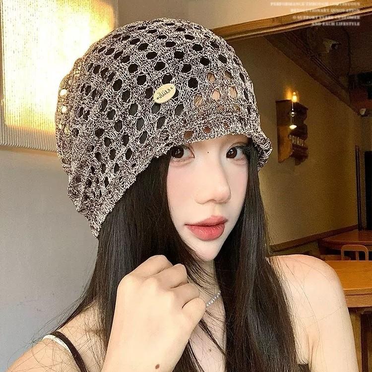 Thin hollow breathable bag head hat women's spring and summer retro fashion stacking hat versatile face small cold hat tide