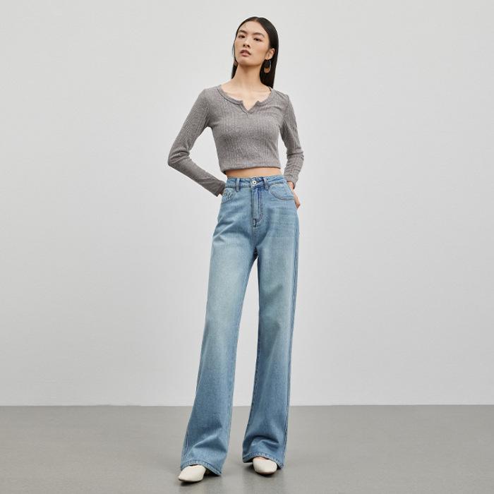 Shi Lin 2026 High-Quality Korean Style High-Waist Wide Leg Light Blue Floor-Length Jeans.
