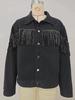 2024 Spring Women's Black Denim Jacket with Rivet & Tassel Details