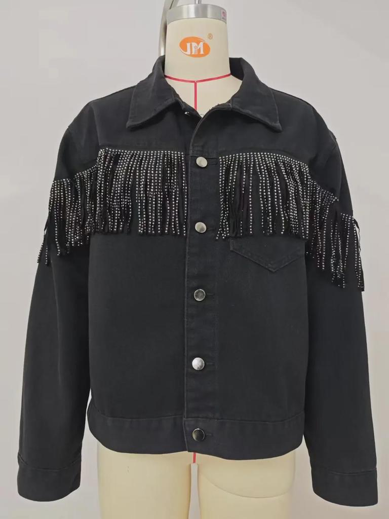 2024 Spring Women's Black Denim Jacket with Rivet & Tassel Details