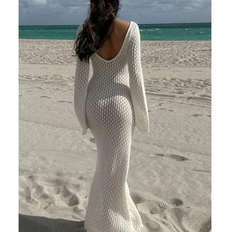 European-American V-Neck Hollow Texture Long-Sleeve Beach Dress