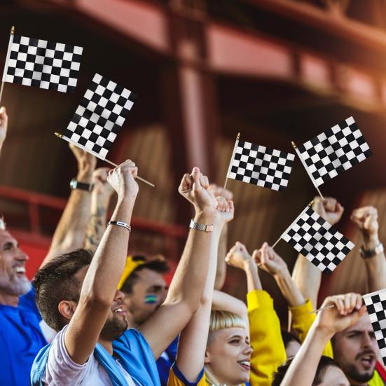 Клетчатые флаги на палочках 8×5 дюймов Черно-белый гоночный флаг на деревянной палочке Мини ручной флаг гоночного автомобиля для праздничных принадлежностей