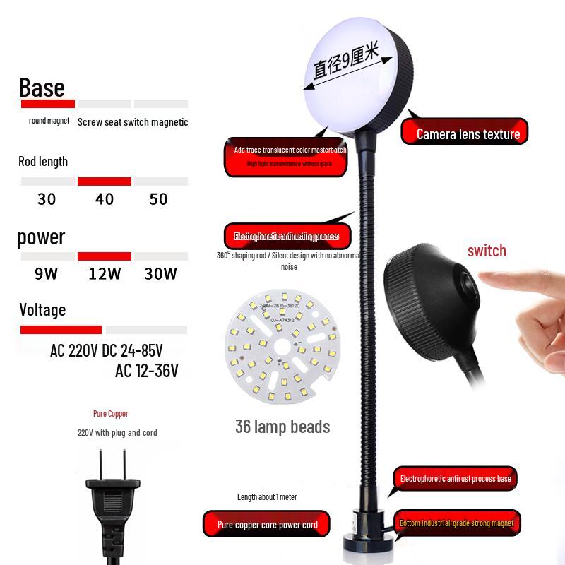 220V LED Work Light with Magnetic Base for Lathe, Punch Press, Injection Molding, and 24V Equipment