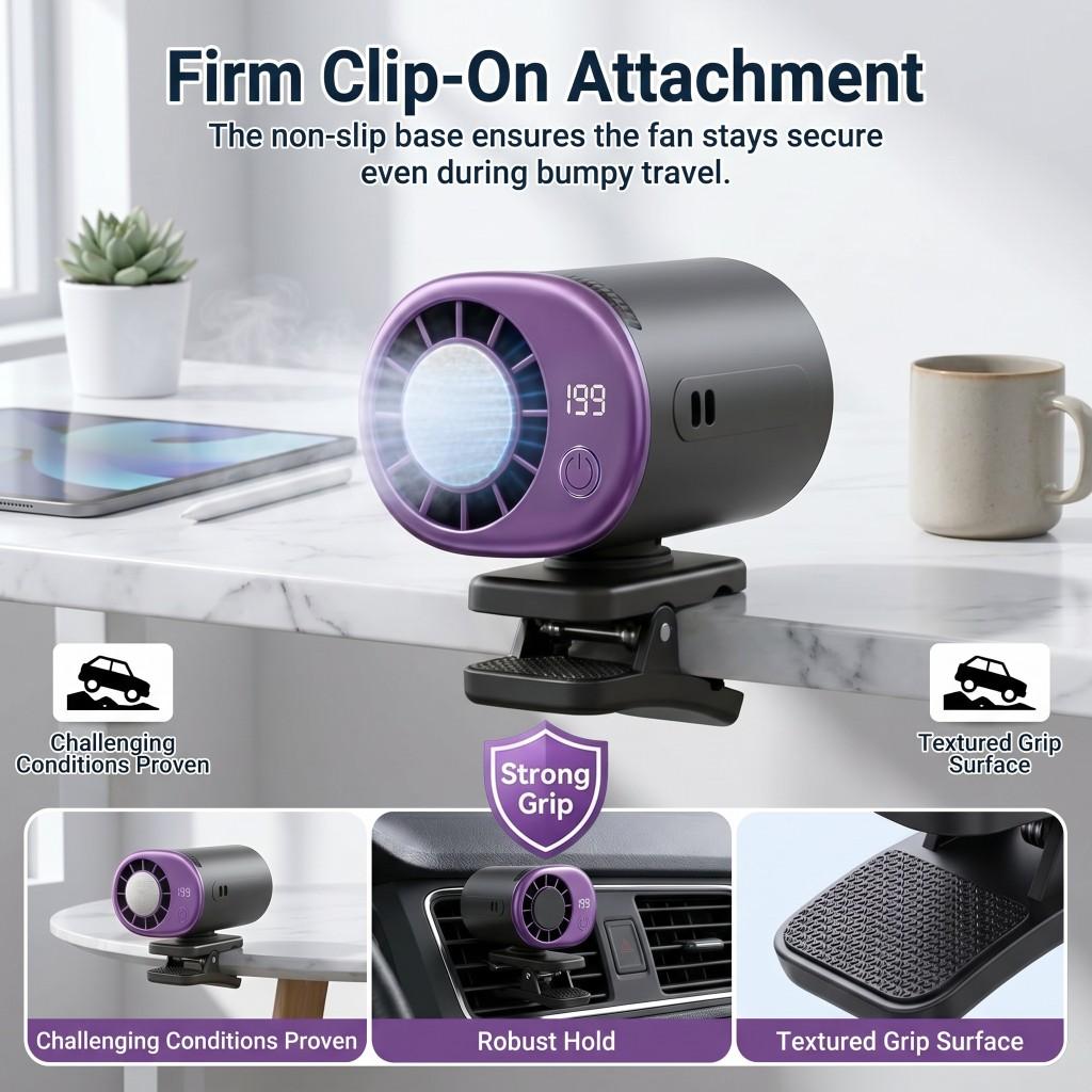 Personal Portable Clip-On Car Fan With 360° Rotation 199 Speeds Adjustable USB Rechargeable LED Display Mini Cooling Fan for Office Car Outdoor