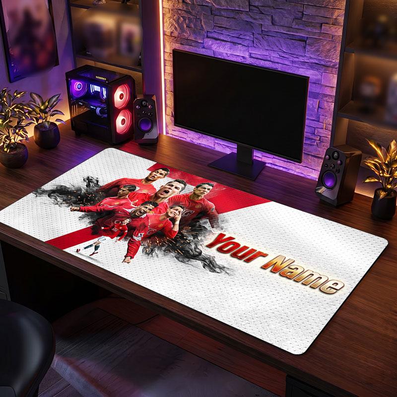 Cristiano Ronaldo Custom Large Mouse Pad, Personalized Name Text Print, Football Logo Non‑Slip Desk Mat Gaming Gift