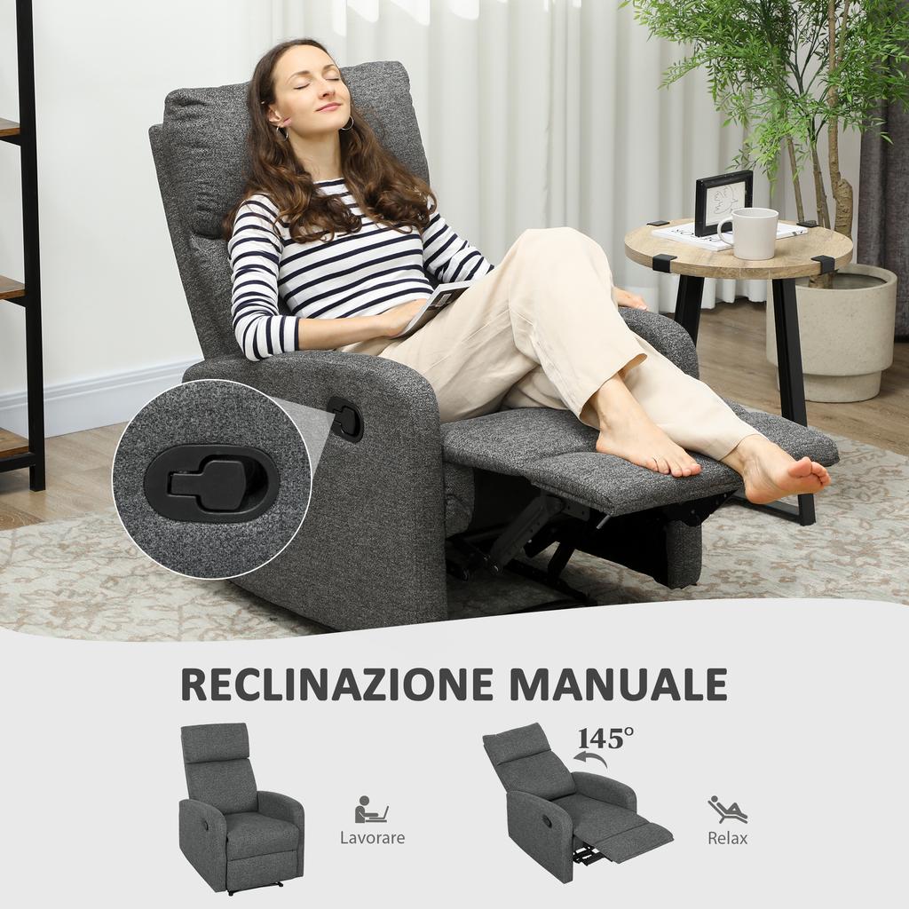 Modern Recliner Armchair with Manual Recline max 145 degrees, Upholstered in Grey Chenille, 69x91x101 cm