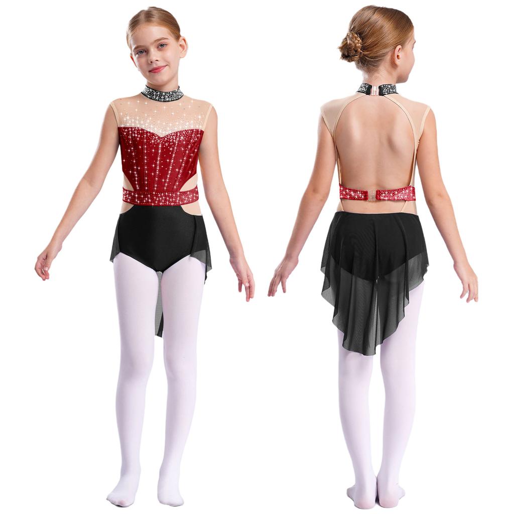 Kids Girls Ballet Gymnastics Dress Rhinestones Mesh Skirted Leotard Figure Ice Skating Jersey Lyrical Dance Performance Costume