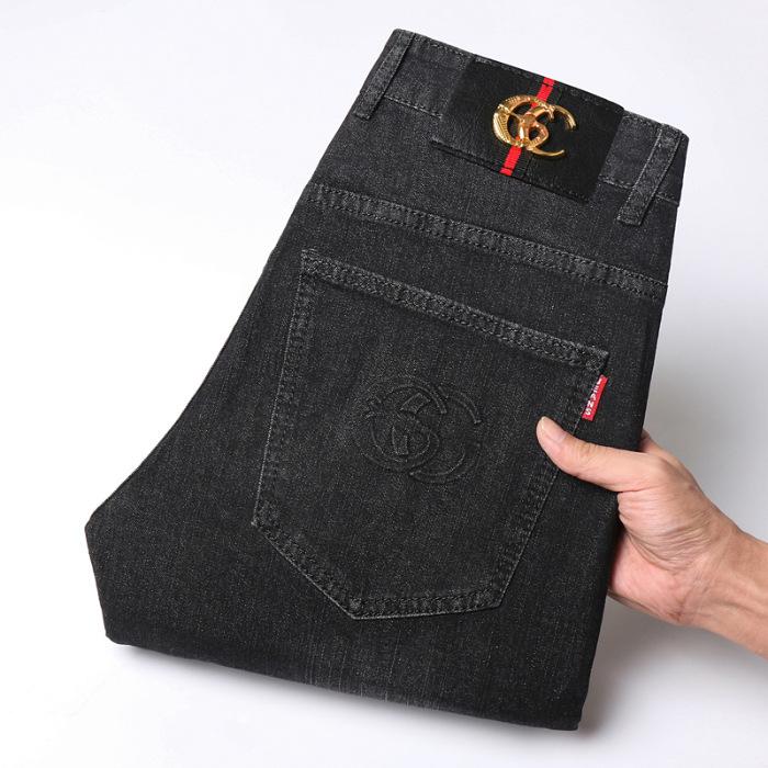 Весенние и осенние черные эластичные джинсы мужские облегающие маленькие прямые брюки качественные большие повседневные мужские брюки