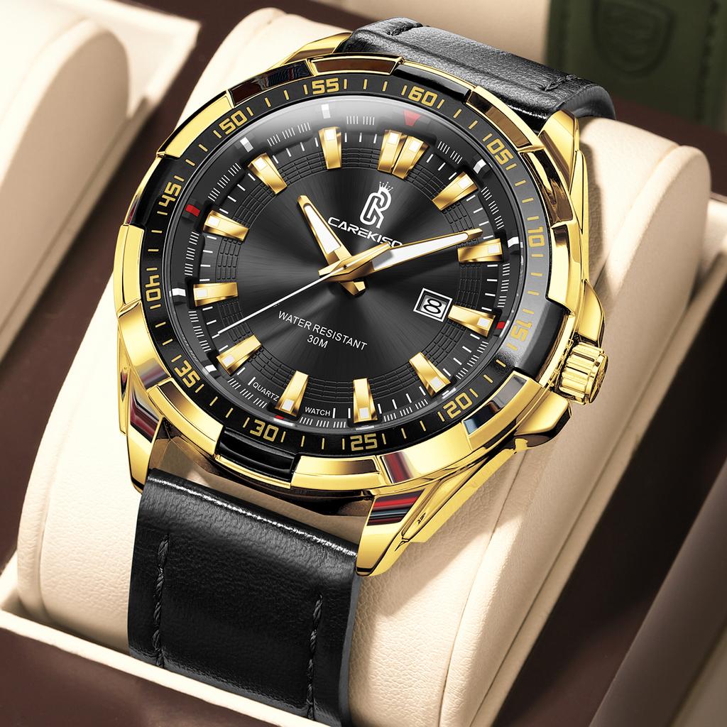 CAREKISO Business Luxury Men's Clock Waterproof Luminous Date Men Wristwatch Sports Leather Quartz Fashion Watches For Man Reloj