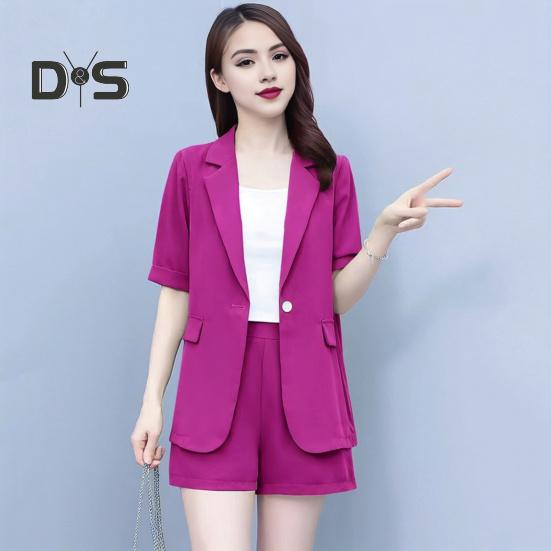 2 Piece Women Casual Outfit Lapel Short Sleeve Blazer Shorts Solid Color OL Style Single Button Blazer Shorts Set Elegant Office Suit