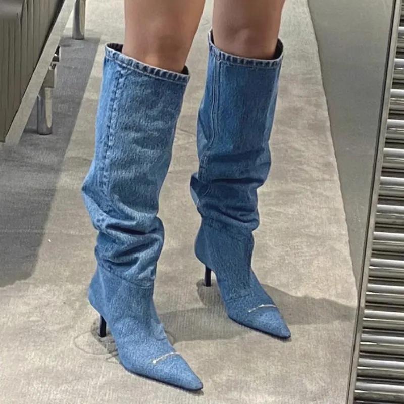 2024 Cowboy Knee High Chelsea Boots 2024 New Autumn Winter Pointed Toe Women Stilettos Shoes Gladiator Motorcycle