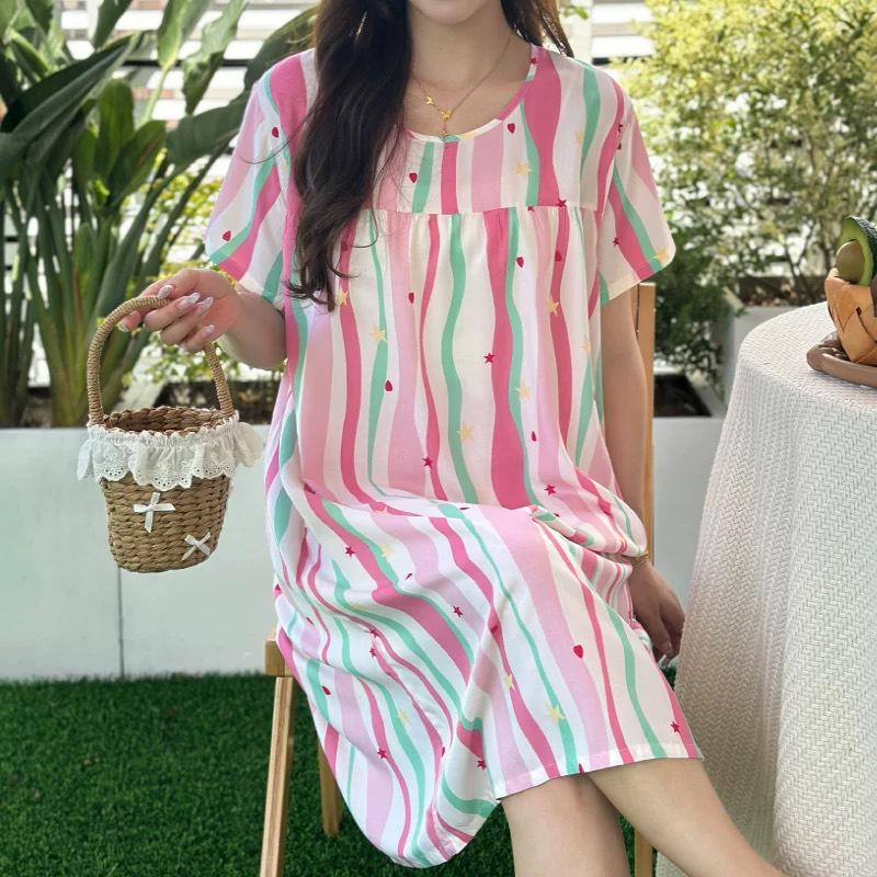 Women's Cotton Silk Mid-Length Nightgown - Summer Pajamas Plus Size Homewear for Middle-Aged and Elderly