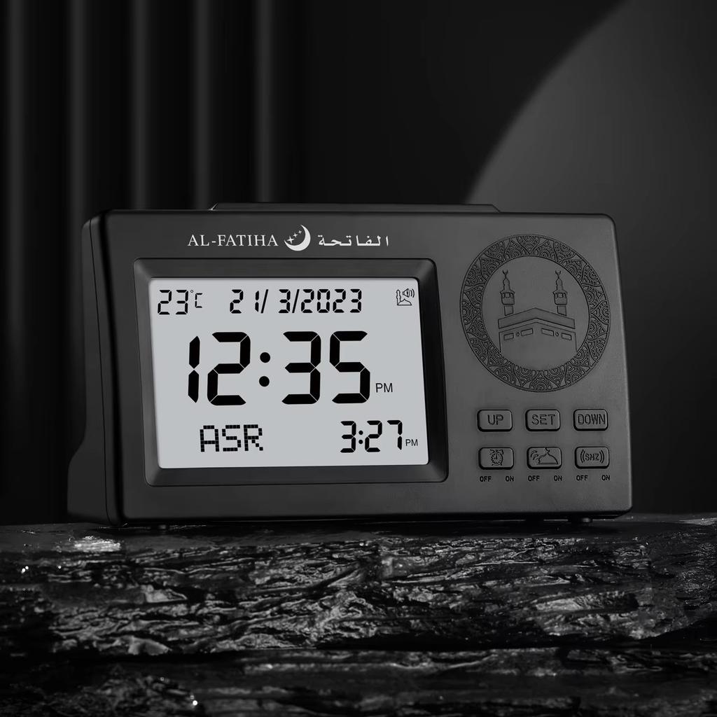 Al Fatiha Muslim Prayer Clock with Automatic Time Setting Hijri Gregorian Calendar LED Backlight Desktop Azan Clock