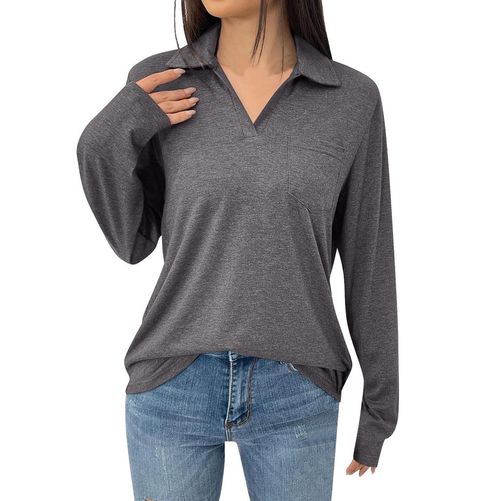 Женская модная однотонная свободная футболка с лацканами и длинными рукавами и карманами