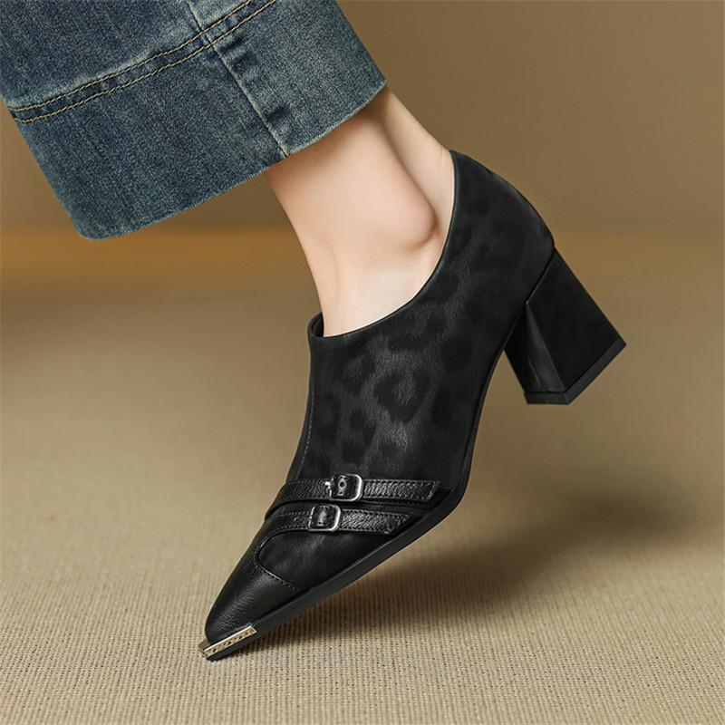 Fashion New Spring Genuine Leather Women Pumps Shoes for Women Fashion Leopard Print Buckle Pointed Toe Loafers Shoes Women High Heels