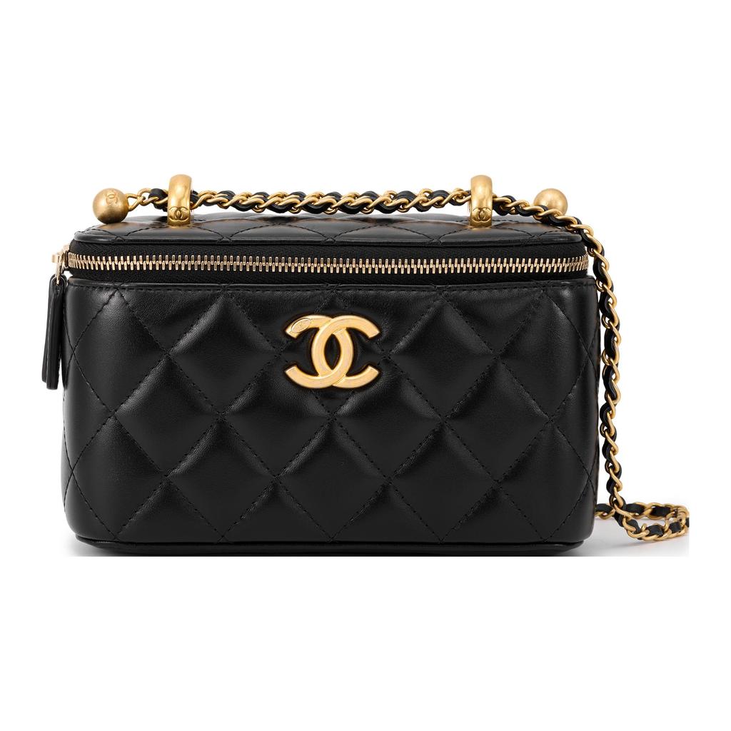 Chanel 24C Черная Стеганая Коровья Кожа Золотой Шар Регулируемая Цепь Макияж Наплечная Сумка Кроссбоди Женская