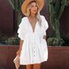 2022 Bikini Cover-ups White Tunic Sexy V-neck Butterfly Sleeve Summer Beach Wear Mini Dress Plus Size Women Swimsuit Cover Up D0