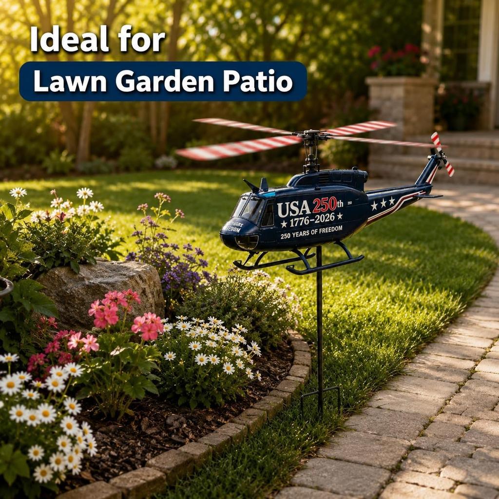Patriotic Helicopter Garden Wind Spinner, UH-1 Style Yard Stake Decor with Rotating Blades, USA 250th Anniversary Outdoor Lawn Ornament