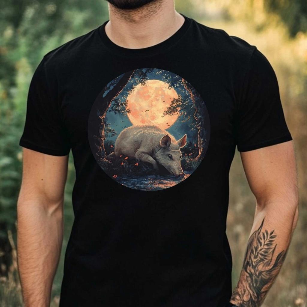 T-Shirt Herren Wildschwein im Mondlicht Motiv Baumwolle Größe XS bis 5XL