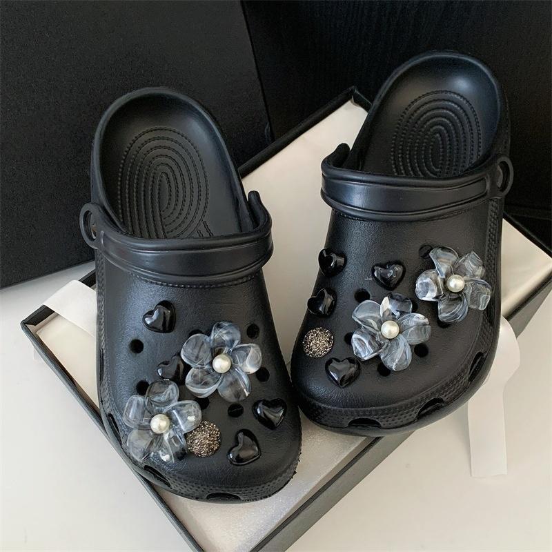 Rhinestone Detachable Shoe Charms 14Pcs Black Ink Flower Heart Design DIY Decor for Clogs Backpacks Daily Use