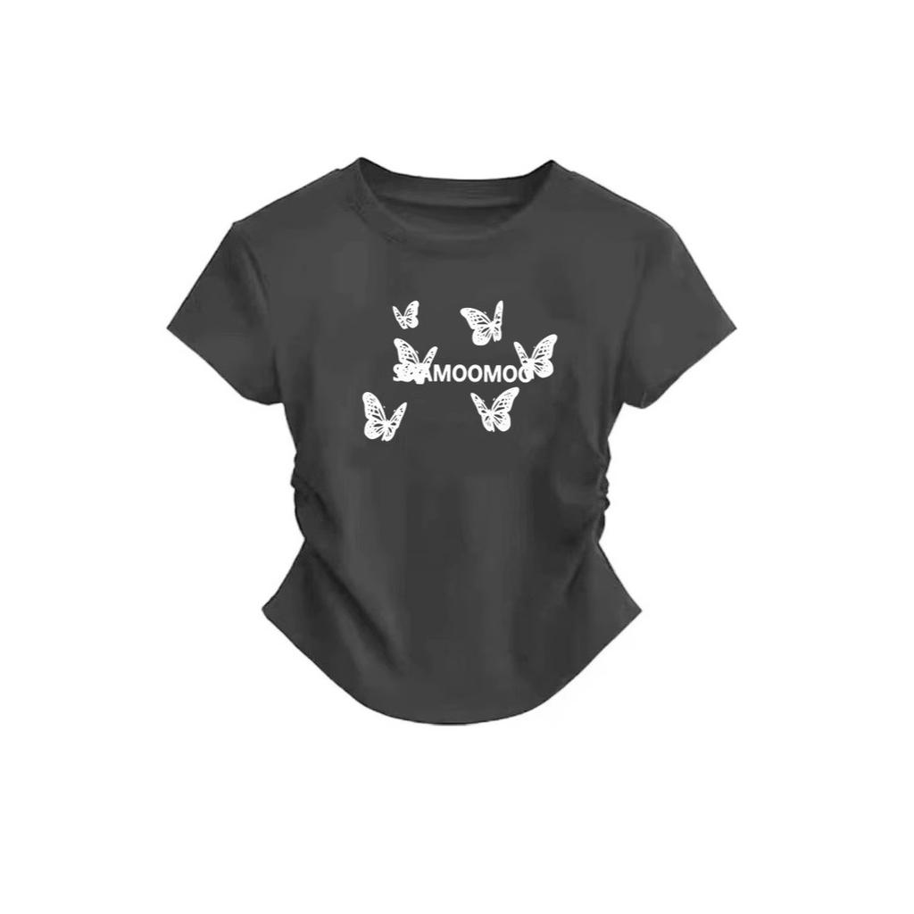 New American front shoulder pinch waist fold slim fit short sleeve T-shirt butterfly print high-end top women