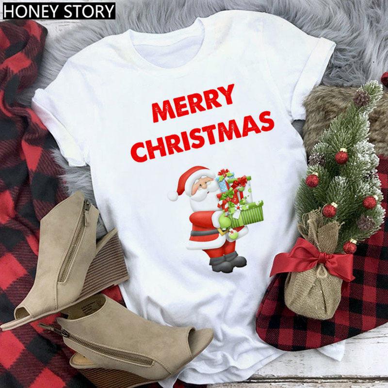 Kawaii Cartoon Merry Christmas Tree Graphics Women T-Shirts 90S Summer Short Sleeves Loose Round Neck Female Y2K Tops