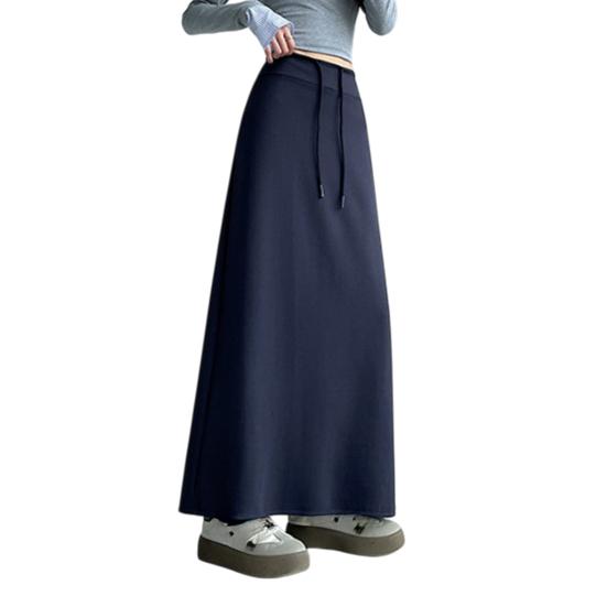 Женская спортивная юбка с высокой талией, на регулируемом шнурке, длинная юбка с разрезом по подолу, однотонная, стройнящий дизайн, повседневная спортивная юбка