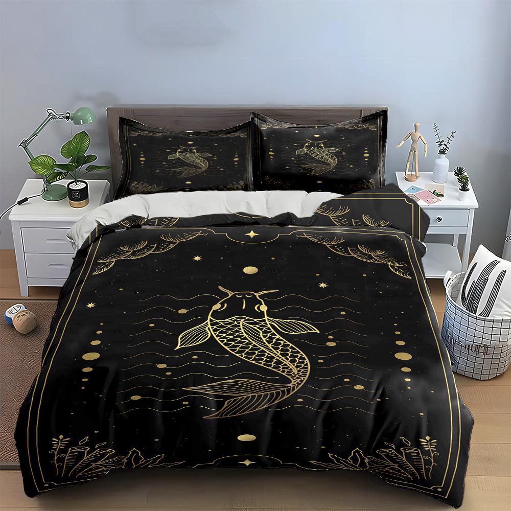 Gold Koi Fish Design on Black Bedding Set Bedding set (1 duvet cover, 2 pillowcases, duvet not included)