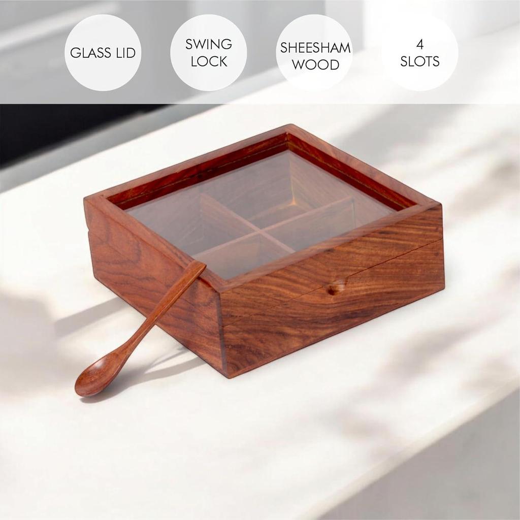 Деревянная коробка для специй с 4 отделениями и ложкой, контейнер для специй для кухни, масала дабба, намакдани для кухни