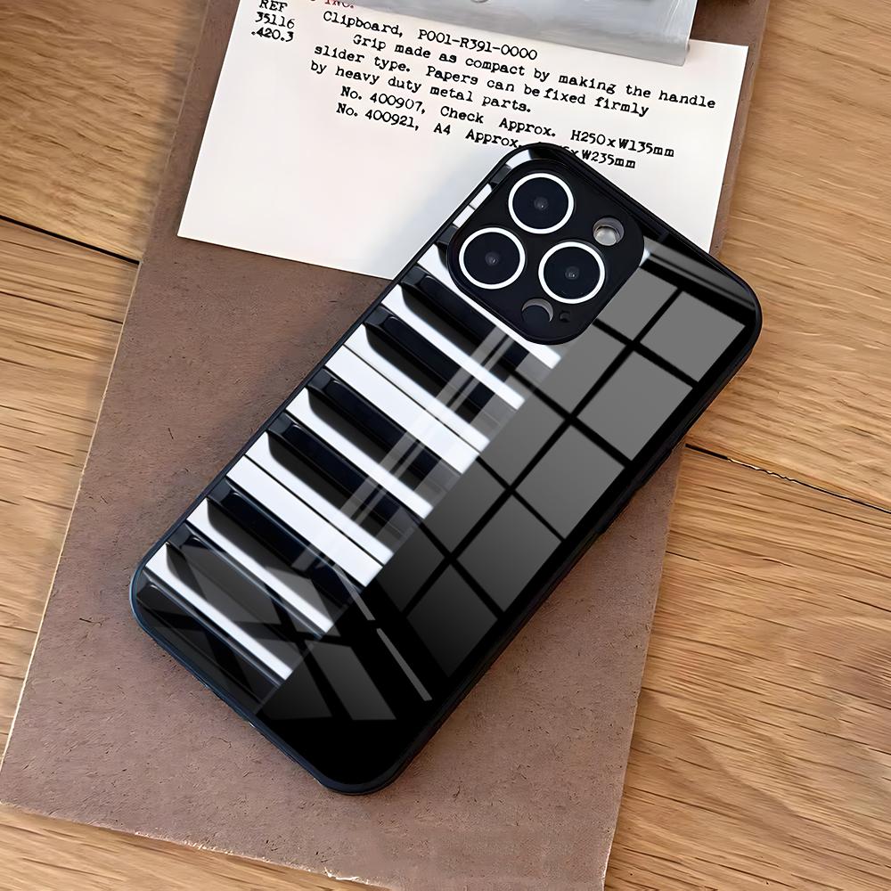 Чехол для телефона в ретро-стиле "Клавиши пианино" для iPhone 17 Air 16 E Pro Max 15 14 13 Mini 12 Pro 11 Max Plus Черный стеклянный чехол