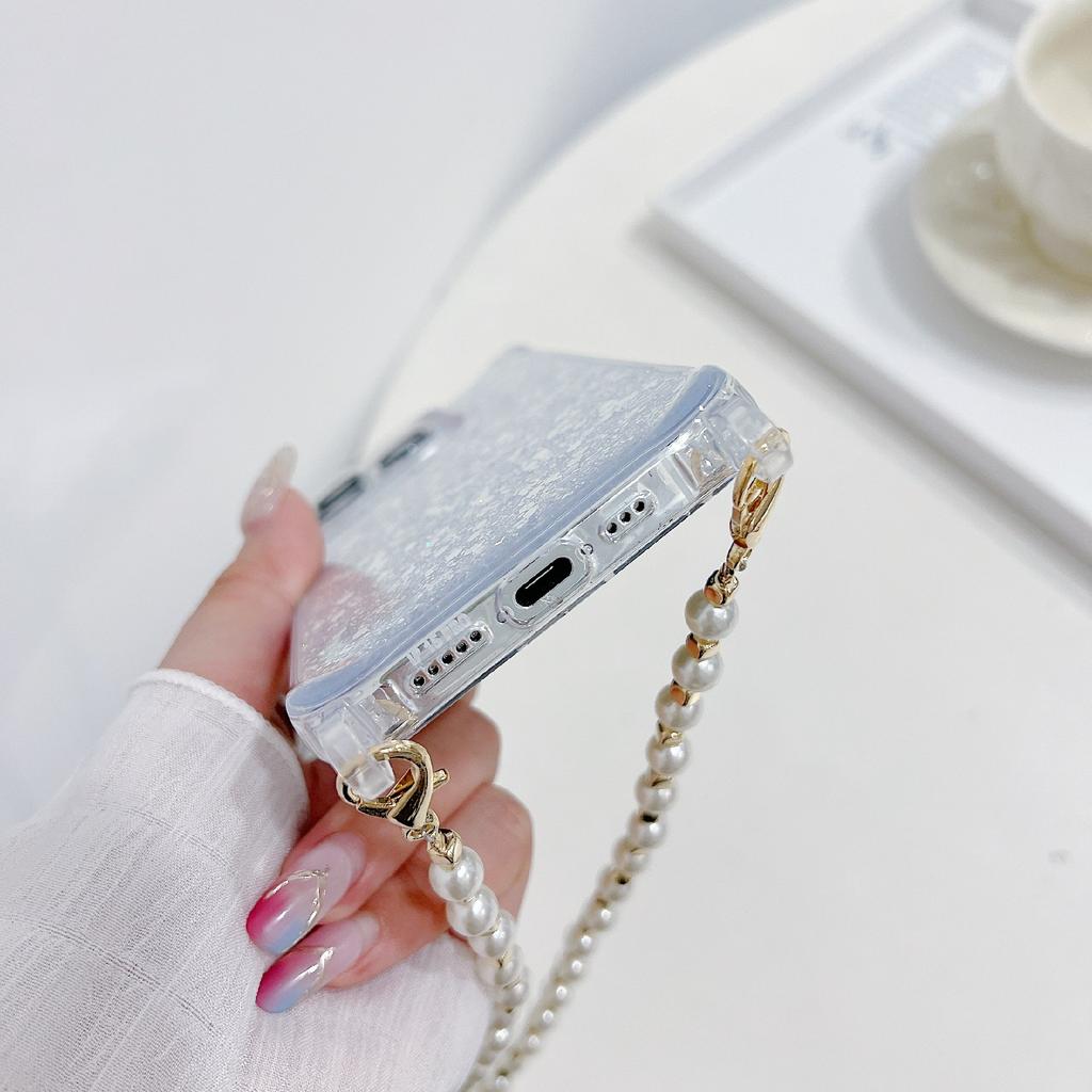 Чехол для iPhone 15 Pro Max из блестящей пудры, акрила + TPU с ремешком из жемчужных бусин