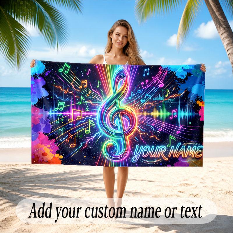 Music General Theme Beach Towel Personalized Custom Name & Text Soft Quick Dry Beach Towel for Swimming Travel