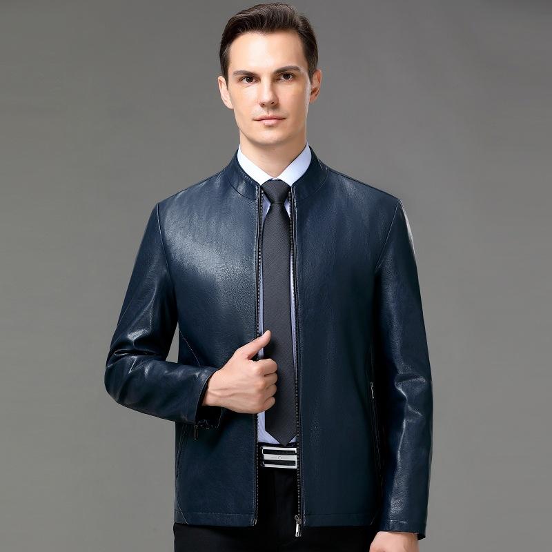 Genuine Leather Jacket for Men, Short Stand Collar, Thickened Autumn and Winter Middle-aged and Elderly Men's Casual Sheep Leather Wallet